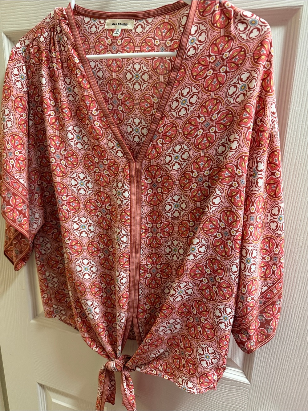 Max Studio Coral and white Bohemian Geometric Tie-Front Tunic